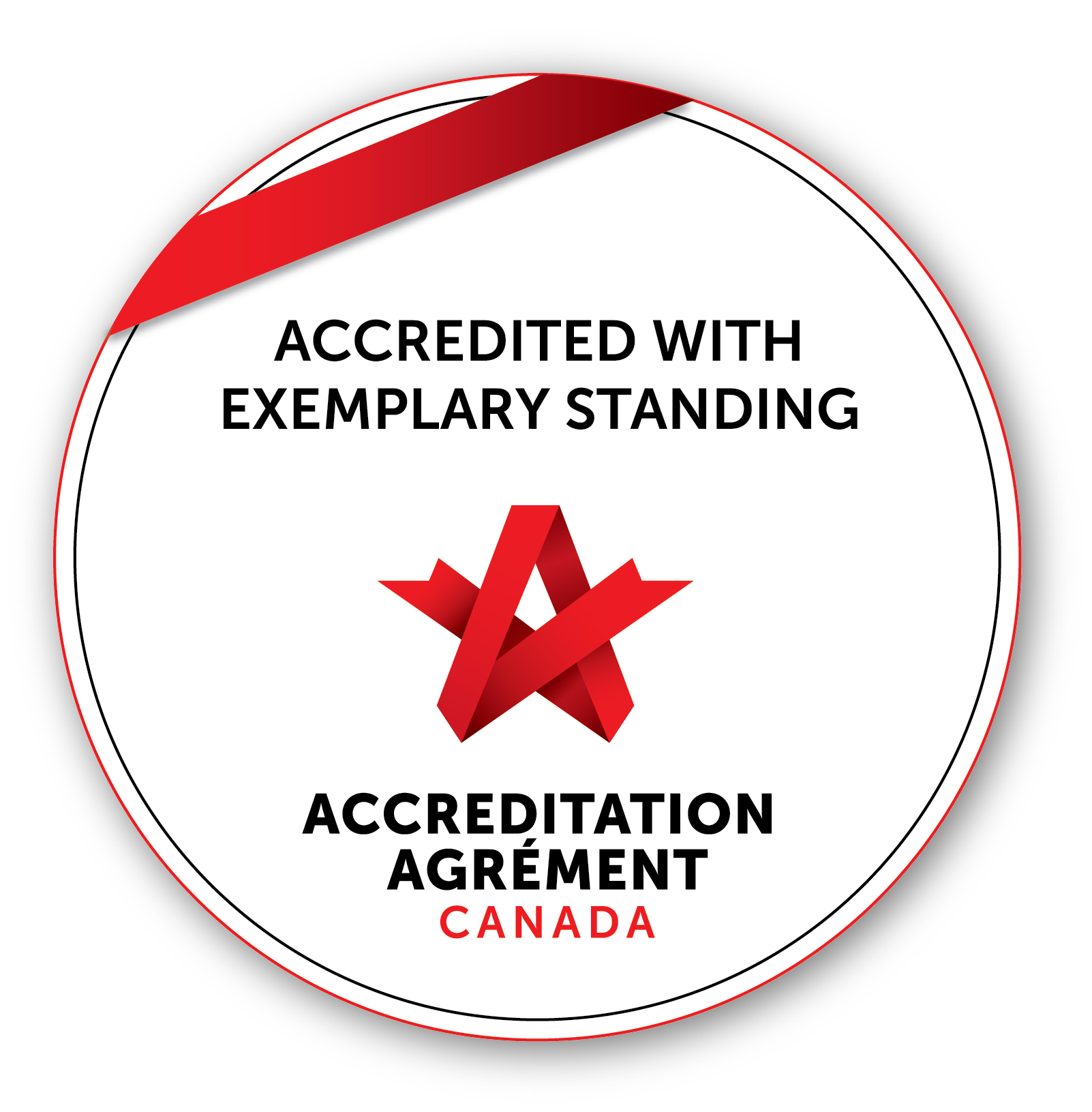 A circle with the words Accredited With Exemplary Standing and a red ribbon. 