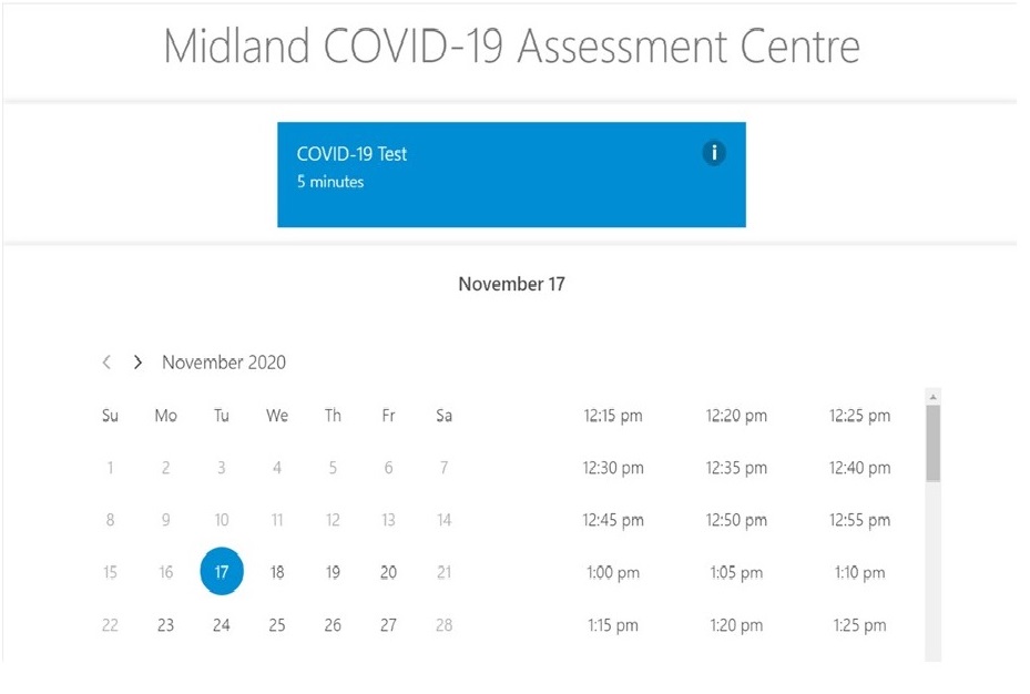 Screen shot of the Midland COVID-19 Assessment Centre screen.