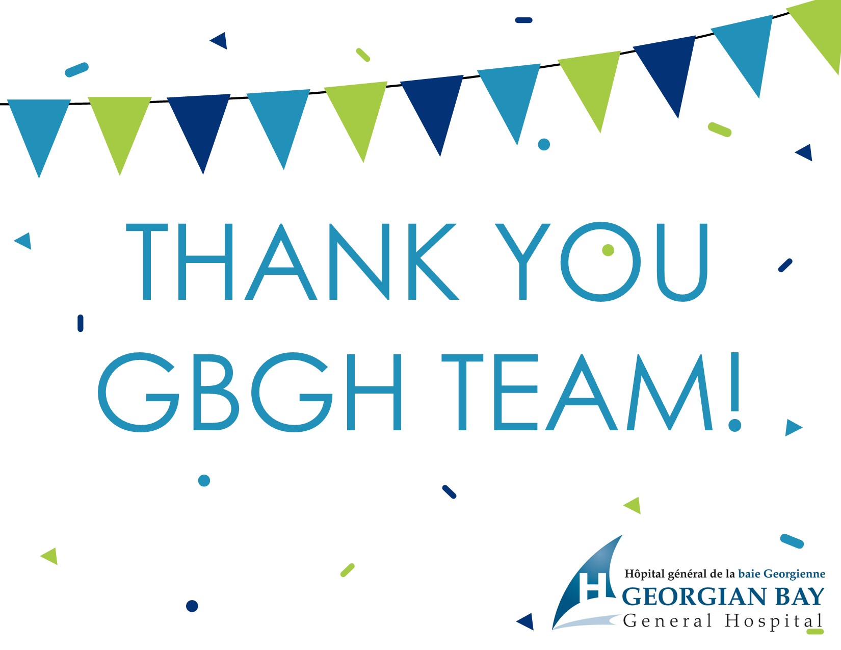 The words Thank You GBGH Team with coloured confetti around it. GBGH logo in bottom right